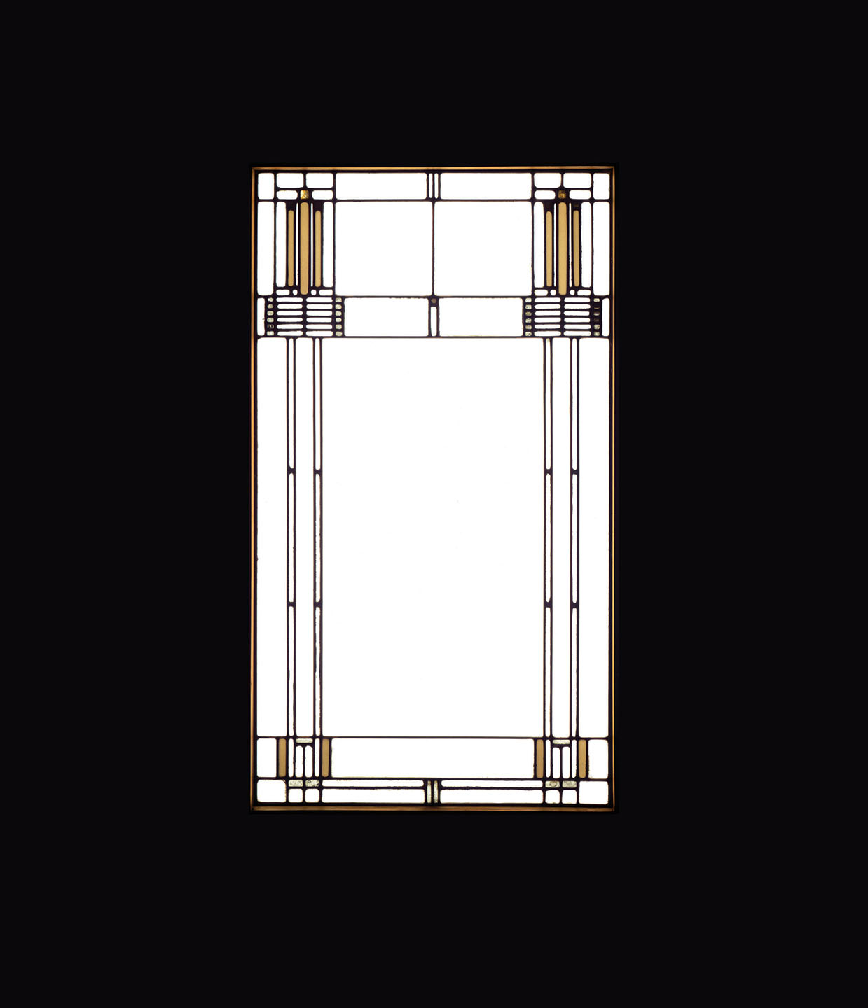 Five pairs of art glass casement/door windows in oak frame. Clear glass with geometric border formed from rectangles of clear and opaque white and squares of gold mirror.; From the living room of the Ward Willits house, 1445 Sheridan Road, Highland Park, completed in 1902.  Two windows, one above, one below, form five doors from living room to terrace at front of house.